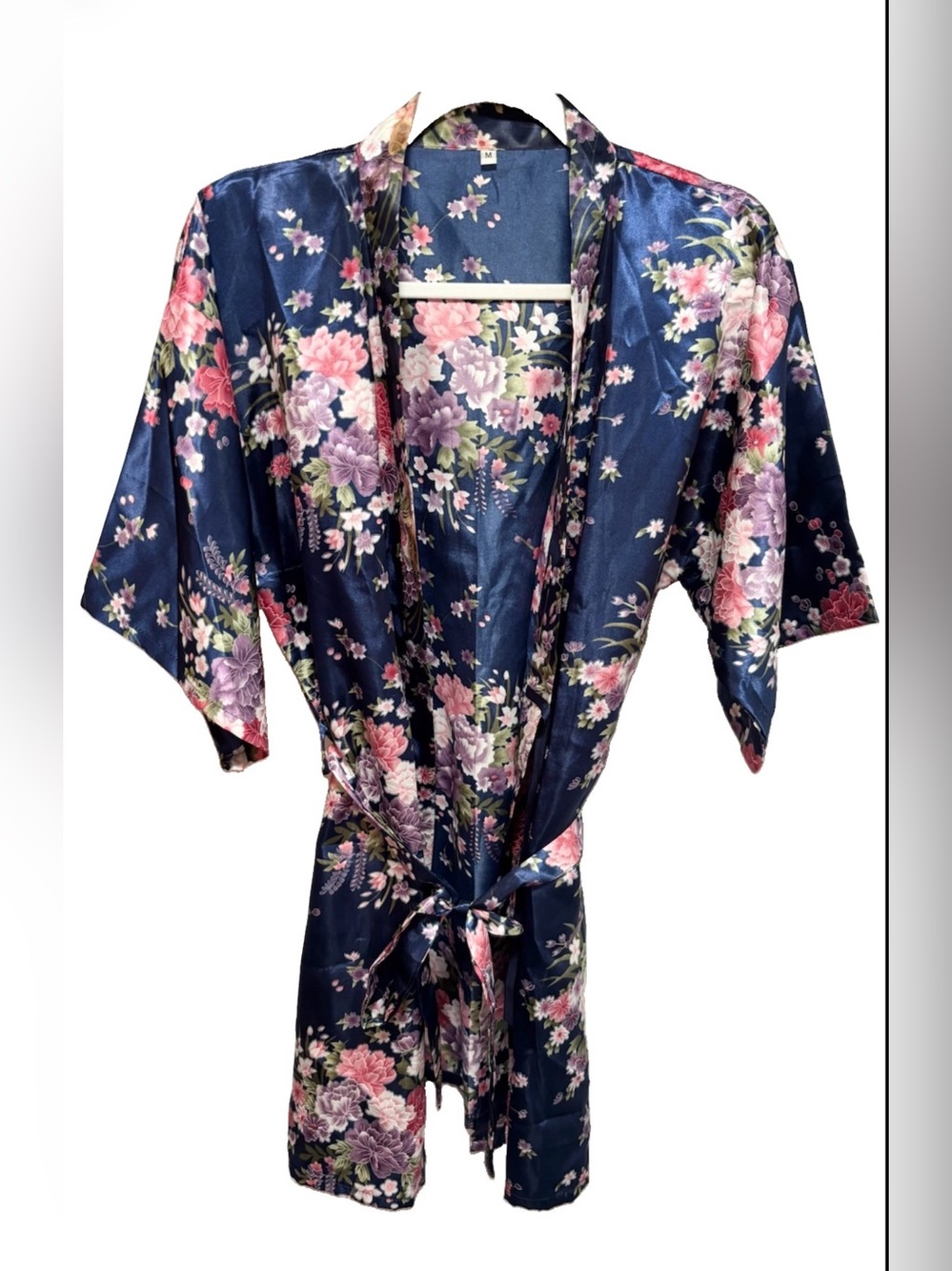 Floral Satin Robe - Navy with Pink & Purple Flowers